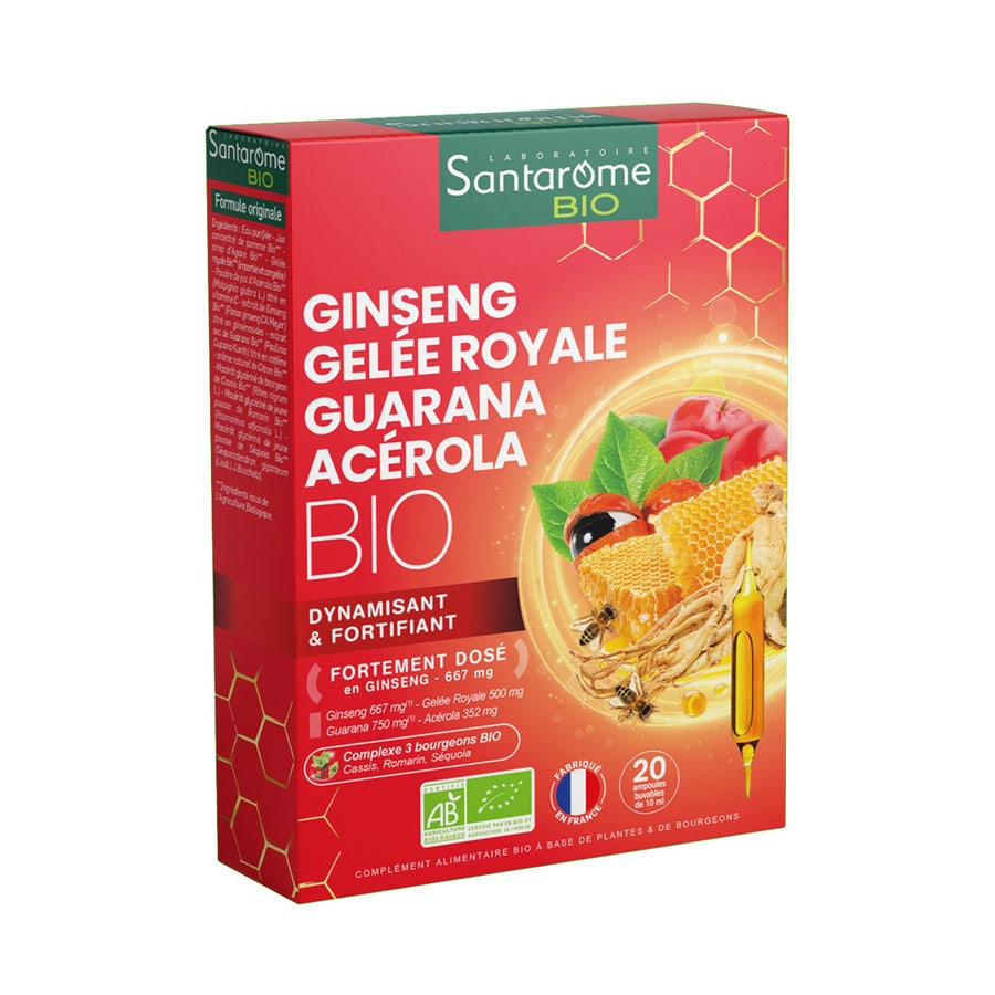 Bio Ginseng Royal Jelly Guarana Acerola X 20 Phials 20 ampoules Vitalité Santarome