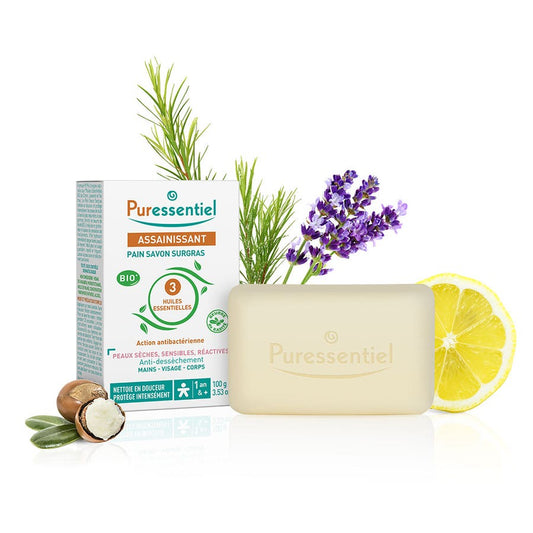 Puressentiel Sanitizing Superfatted Soap Bar with 3 Organic Essential Oils 100g (3.53oz)